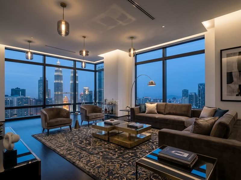 Elegant living room at Four Seasons Place KLCC with Petronas Twin Towers views