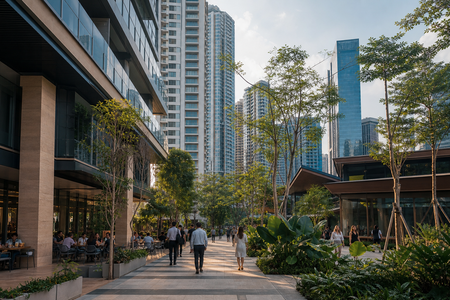 Landscaped pedestrian plaza and contemporary residences in TRX